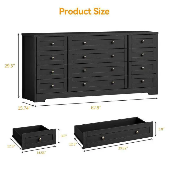 Alt view image 2 of 7 - Patikuin 12 Drawer Wooden Dressers for Bedroom, Modern Chest of Drawers for Adult Bedroom, Black Wood Dresser for Closet, Living Room, Hallway, TV Stand Dresser for 65 Inch TV, 15.7"D x 63"W x 29.5"H