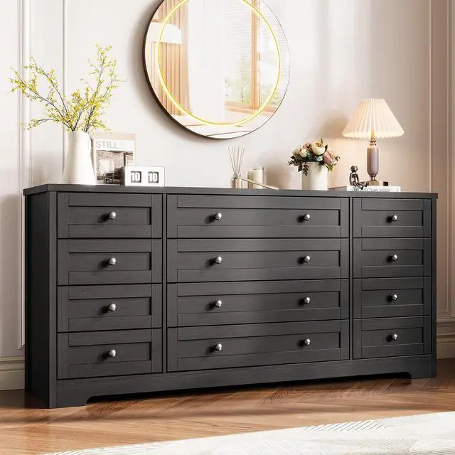Main image of Patikuin 12 Drawer Wooden Dressers for Bedroom, Modern Chest of Drawers for Adult Bedroom, Black Wood Dresser for Closet, Living Room, Hallway, TV Stand Dresser for 65 Inch TV, 15.7"D x 63"W x 29.5"H