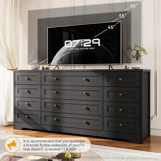 Alt view image 5 of 7 - Patikuin 12 Drawer Wooden Dressers for Bedroom, Modern Chest of Drawers for Adult Bedroom, Black Wood Dresser for Closet, Living Room, Hallway, TV Stand Dresser for 65 Inch TV, 15.7"D x 63"W x 29.5"H