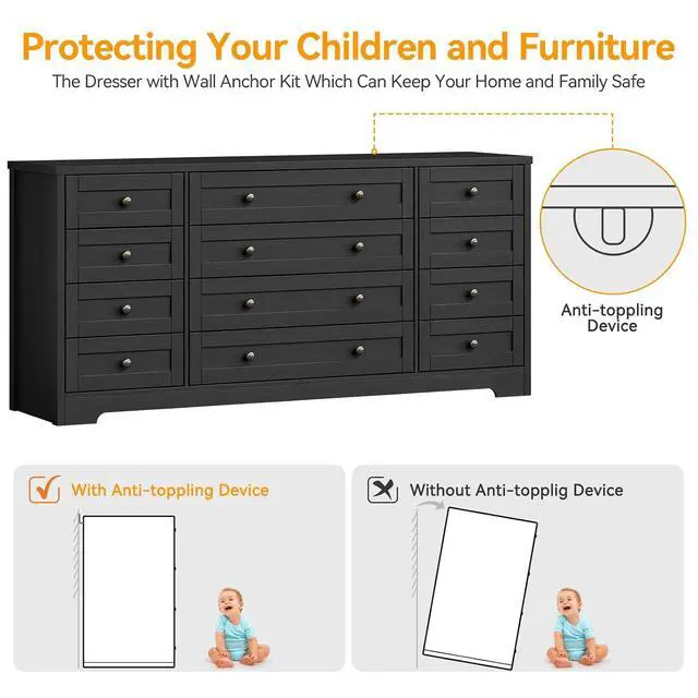 Alt view image 7 of 7 - Patikuin 12 Drawer Wooden Dressers for Bedroom, Modern Chest of Drawers for Adult Bedroom, Black Wood Dresser for Closet, Living Room, Hallway, TV Stand Dresser for 65 Inch TV, 15.7"D x 63"W x 29.5"H