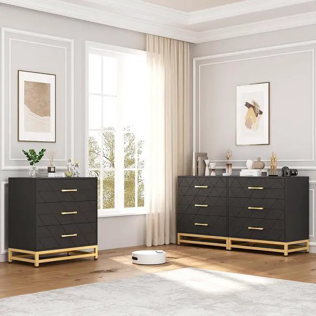 Main image of Patikuin 3 Drawer Dresser for Bedroom, Closet, Modern Bedroom Dresser with Gold Handles, Wooden Chest Drawer, Black Nightstand with Storage Drawers