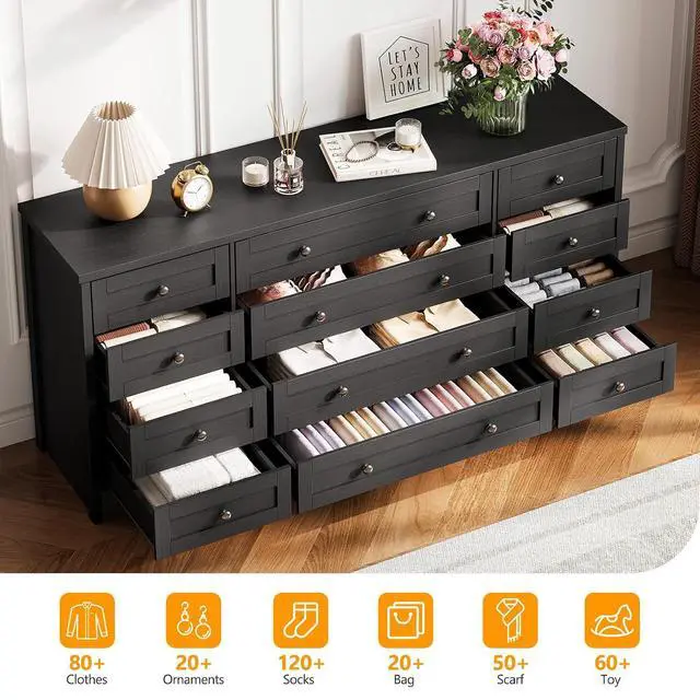 Alt view image 4 of 7 - Patikuin 12 Drawer Wooden Dressers for Bedroom, Modern Chest of Drawers for Adult Bedroom, Black Wood Dresser for Closet, Living Room, Hallway, TV Stand Dresser for 65 Inch TV, 15.7"D x 63"W x 29.5"H
