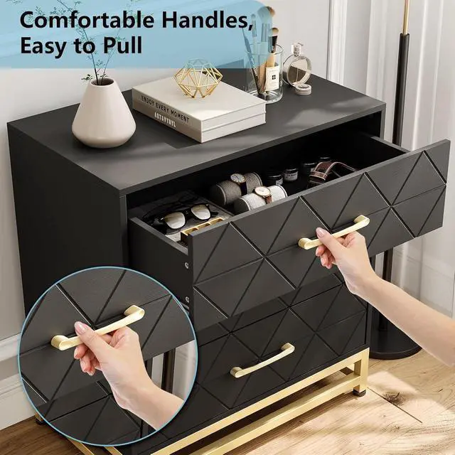 Alt view image 3 of 6 - Patikuin 3 Drawer Dresser for Bedroom, Closet, Modern Bedroom Dresser with Gold Handles, Wooden Chest Drawer, Black Nightstand with Storage Drawers