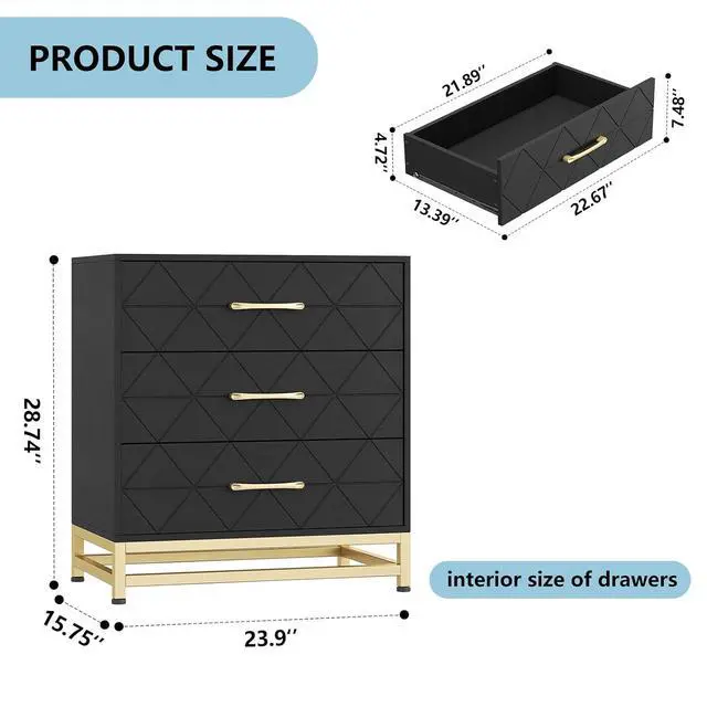 Alt view image 2 of 6 - Patikuin 3 Drawer Dresser for Bedroom, Closet, Modern Bedroom Dresser with Gold Handles, Wooden Chest Drawer, Black Nightstand with Storage Drawers