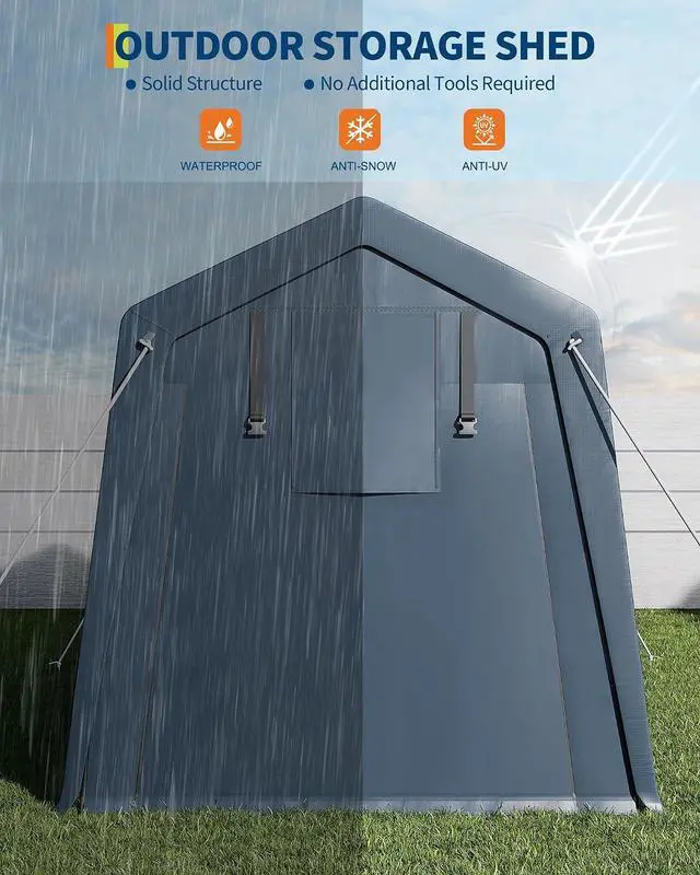Alt view image 3 of 7 - Patikuin Heavy-Duty 7x10 FT Outdoor Storage Shelter, Waterproof UV-Resistant Portable Carport Garage with Dual Roll-Up Zipper Doors, for Motorcycle, Bike, ATV & Tools, Gray