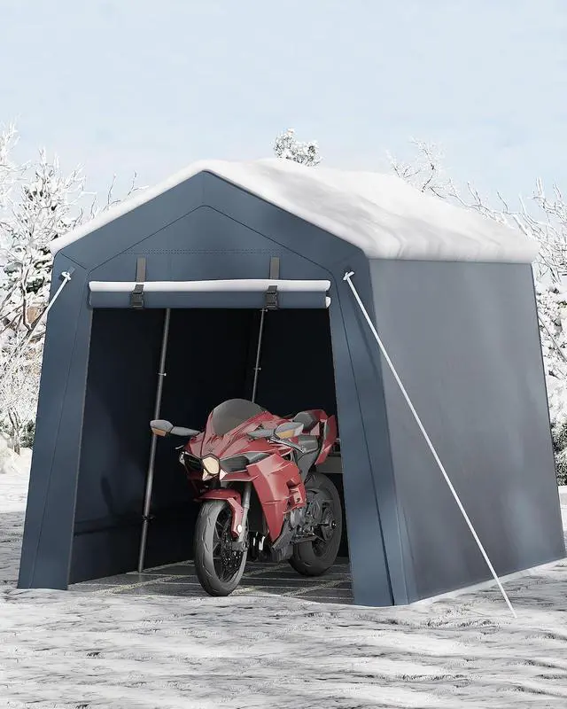 Alt view image 5 of 7 - Patikuin Heavy-Duty 7x10 FT Outdoor Storage Shelter, Waterproof UV-Resistant Portable Carport Garage with Dual Roll-Up Zipper Doors, for Motorcycle, Bike, ATV & Tools, Gray