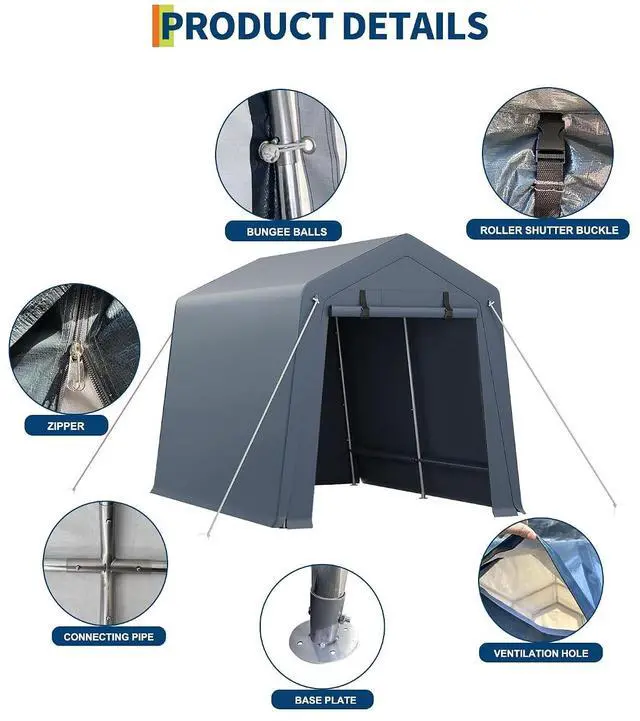 Alt view image 6 of 7 - Patikuin Heavy-Duty 7x10 FT Outdoor Storage Shelter, Waterproof UV-Resistant Portable Carport Garage with Dual Roll-Up Zipper Doors, for Motorcycle, Bike, ATV & Tools, Gray