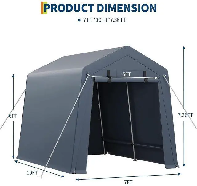 Alt view image 7 of 7 - Patikuin Heavy-Duty 7x10 FT Outdoor Storage Shelter, Waterproof UV-Resistant Portable Carport Garage with Dual Roll-Up Zipper Doors, for Motorcycle, Bike, ATV & Tools, Gray