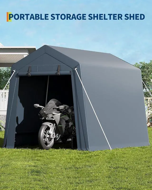 Alt view image 2 of 7 - Patikuin Heavy-Duty 7x10 FT Outdoor Storage Shelter, Waterproof UV-Resistant Portable Carport Garage with Dual Roll-Up Zipper Doors, for Motorcycle, Bike, ATV & Tools, Gray
