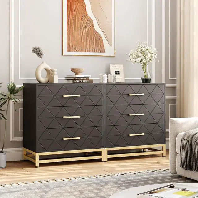 Alt view image 4 of 6 - Patikuin 3 Drawer Dresser for Bedroom, Closet, Modern Bedroom Dresser with Gold Handles, Wooden Chest Drawer, Black Nightstand with Storage Drawers