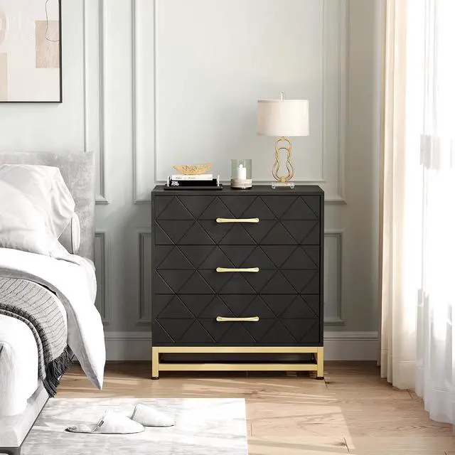 Alt view image 6 of 6 - Patikuin 3 Drawer Dresser for Bedroom, Closet, Modern Bedroom Dresser with Gold Handles, Wooden Chest Drawer, Black Nightstand with Storage Drawers