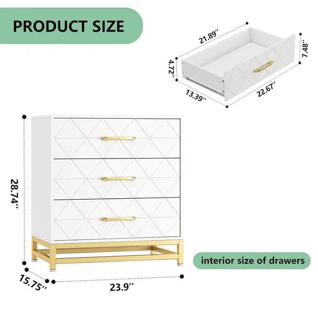 Alt view image 2 of 6 - Patikuin 3 Drawer Dresser for Bedroom, Closet, Modern Bedroom Dresser with Gold Handles, Wooden Chest Drawer, White Nightstand with Storage Drawers