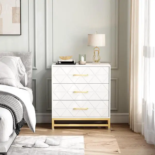 Main image of Patikuin 3 Drawer Dresser for Bedroom, Closet, Modern Bedroom Dresser with Gold Handles, Wooden Chest Drawer, White Nightstand with Storage Drawers