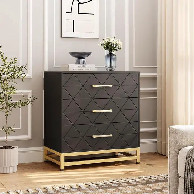 Alt view image 5 of 6 - Patikuin 3 Drawer Dresser for Bedroom, Closet, Modern Bedroom Dresser with Gold Handles, Wooden Chest Drawer, Black Nightstand with Storage Drawers