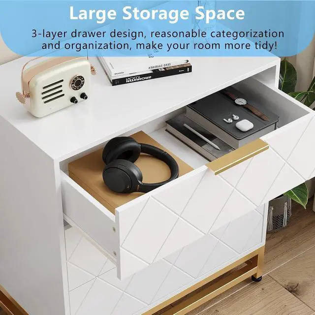 Alt view image 3 of 6 - Patikuin 3 Drawer Dresser for Bedroom, Closet, Modern Bedroom Dresser with Gold Handles, Wooden Chest Drawer, White Nightstand with Storage Drawers