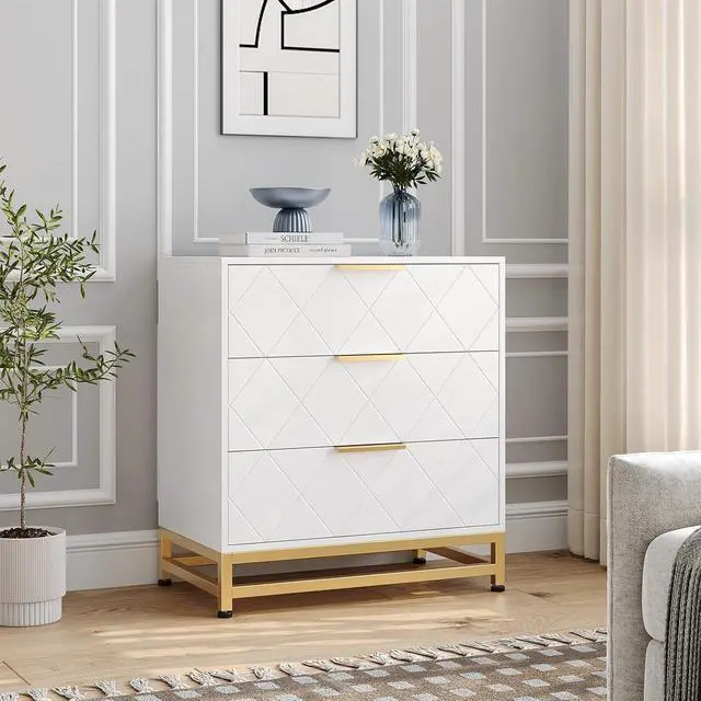 Alt view image 5 of 6 - Patikuin 3 Drawer Dresser for Bedroom, Closet, Modern Bedroom Dresser with Gold Handles, Wooden Chest Drawer, White Nightstand with Storage Drawers