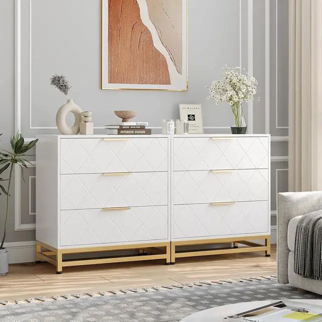 Alt view image 4 of 6 - Patikuin 3 Drawer Dresser for Bedroom, Closet, Modern Bedroom Dresser with Gold Handles, Wooden Chest Drawer, White Nightstand with Storage Drawers