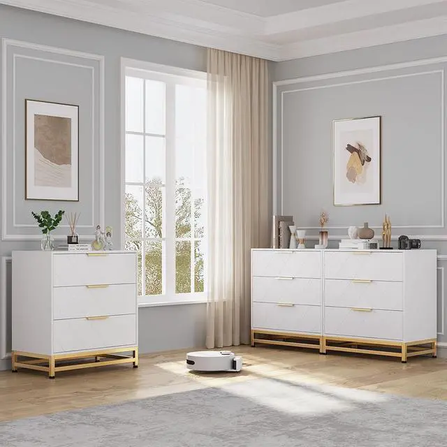Alt view image 6 of 6 - Patikuin 3 Drawer Dresser for Bedroom, Closet, Modern Bedroom Dresser with Gold Handles, Wooden Chest Drawer, White Nightstand with Storage Drawers