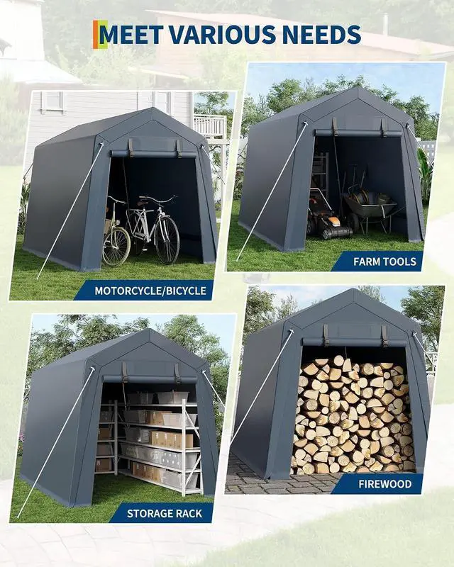 Alt view image 6 of 7 - Patikuin Heavy-Duty 6x6 ft Outdoor Storage Unit, Waterproof & UV-Resistant Carport Tent with Roll-Up Zipper Doors & Vents, Secure Shelter for Motorcycle, Bike, Firewood, Garden Tools