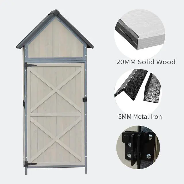 Alt view image 3 of 7 - Patikuin Vertical Wooden Outdoor Storage Cabinet with Sturdy Metal Frame, Weatherproof Tool Shed, Gray Finish, Large Capacity for Garden Tools & Patio Accessories