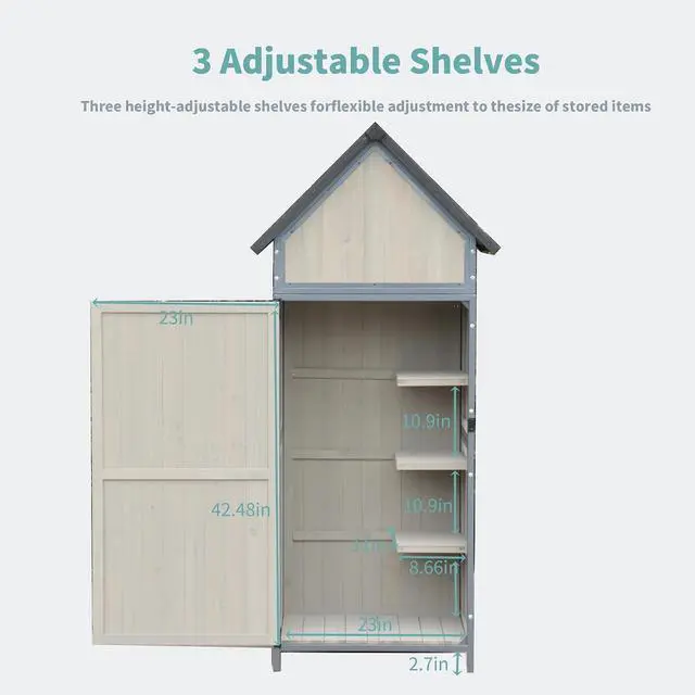 Alt view image 4 of 7 - Patikuin Vertical Wooden Outdoor Storage Cabinet with Sturdy Metal Frame, Weatherproof Tool Shed, Gray Finish, Large Capacity for Garden Tools & Patio Accessories