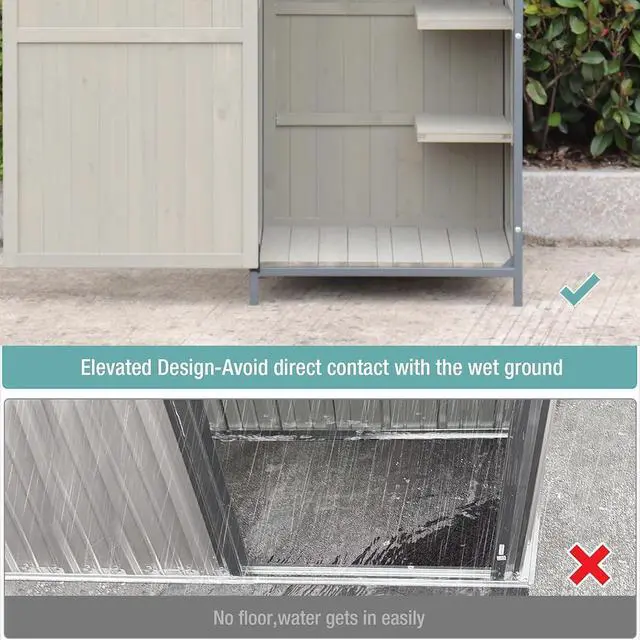Alt view image 5 of 7 - Patikuin Vertical Wooden Outdoor Storage Cabinet with Sturdy Metal Frame, Weatherproof Tool Shed, Gray Finish, Large Capacity for Garden Tools & Patio Accessories