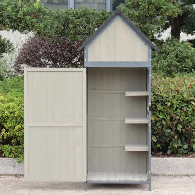 Alt view image 2 of 7 - Patikuin Vertical Wooden Outdoor Storage Cabinet with Sturdy Metal Frame, Weatherproof Tool Shed, Gray Finish, Large Capacity for Garden Tools & Patio Accessories