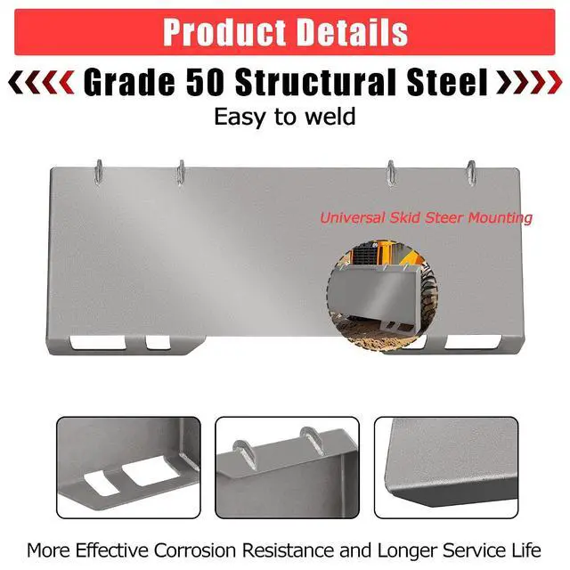 Alt view image 4 of 7 - skid steer mount plate, general quick tach plate, 50 grade structural steel, tractor mounting plate, heavy-duty attachment plate, 1/4 inch mounting plate, 1/2 inch thick mount plate, 3/8 inch mounting