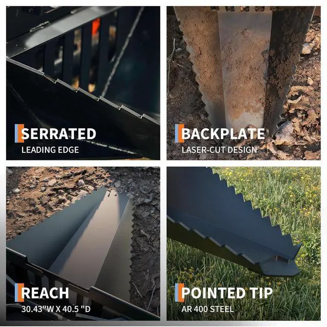 Alt view image 2 of 7 - Patikuin Heavy-Duty Stump Bucket Attachment for Skid Steer, Serrated Edge Tree Scoop, Global Quick Tach, Efficient Small Stump & Root Removal, Black