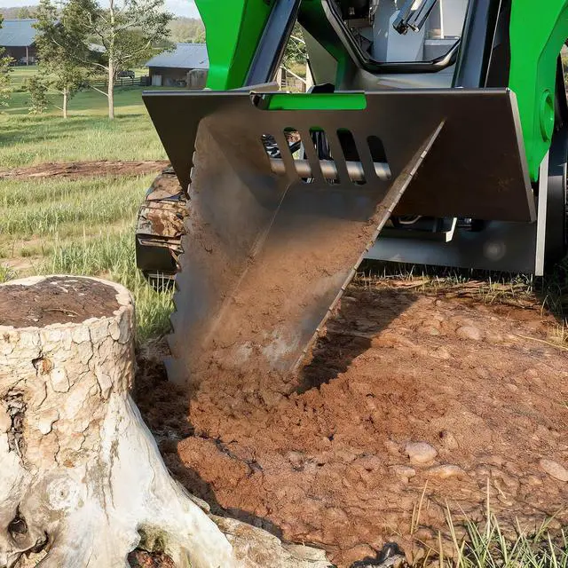 Alt view image 5 of 7 - Patikuin Heavy-Duty Stump Bucket Attachment for Skid Steer, Serrated Edge Tree Scoop, Global Quick Tach, Efficient Small Stump & Root Removal, Black