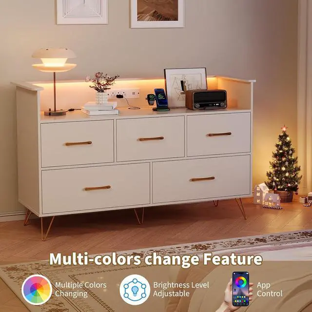 Alt view image 4 of 7 - Patikuin White Dresser for Bedroom, 47" Wide Chest of Drawers with LED Lights, Charging Station & 5 Smooth-Sliding Drawers, Modern Wood Storage Cabinet for Entryway, Hallway, Living Room