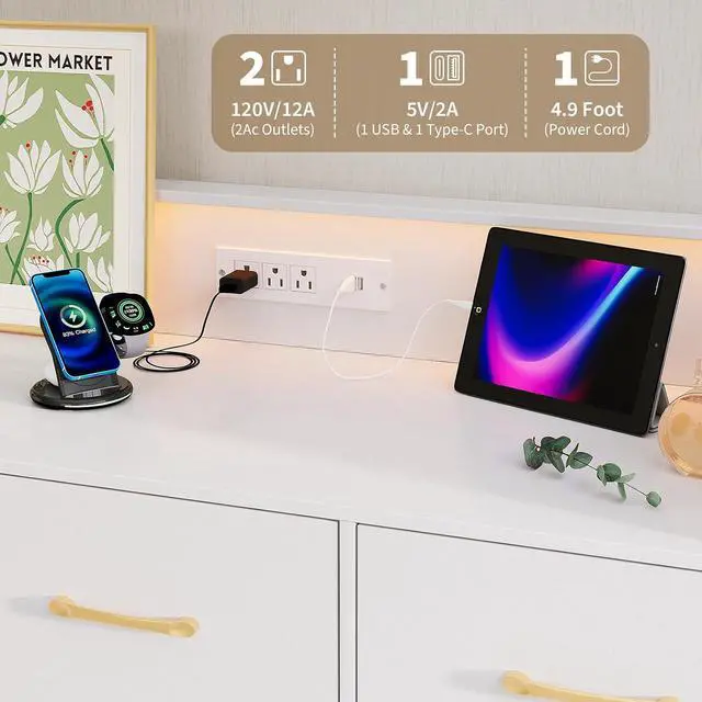 Alt view image 5 of 7 - Patikuin White Dresser for Bedroom, 47" Wide Chest of Drawers with LED Lights, Charging Station & 5 Smooth-Sliding Drawers, Modern Wood Storage Cabinet for Entryway, Hallway, Living Room