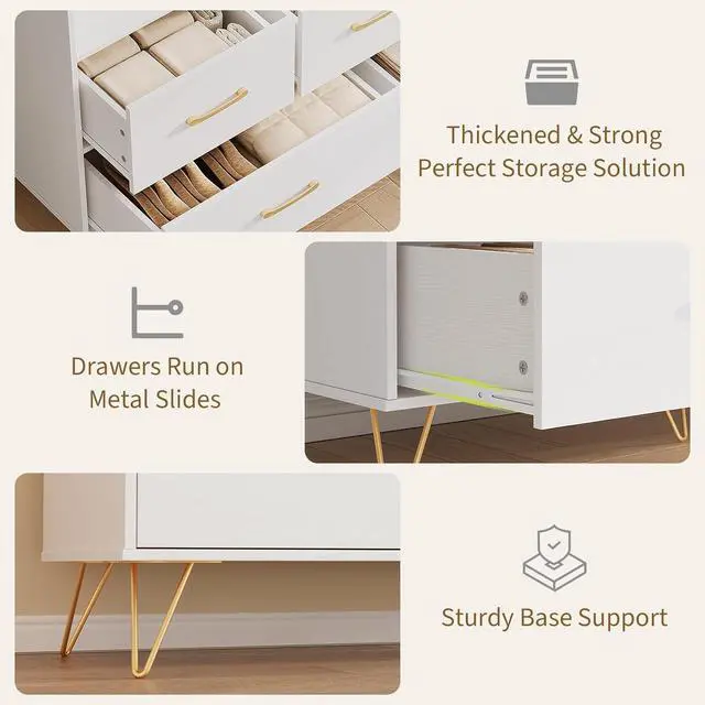 Alt view image 6 of 7 - Patikuin White Dresser for Bedroom, 47" Wide Chest of Drawers with LED Lights, Charging Station & 5 Smooth-Sliding Drawers, Modern Wood Storage Cabinet for Entryway, Hallway, Living Room
