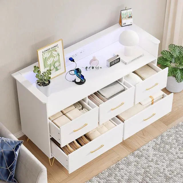 Alt view image 3 of 7 - Patikuin White Dresser for Bedroom, 47" Wide Chest of Drawers with LED Lights, Charging Station & 5 Smooth-Sliding Drawers, Modern Wood Storage Cabinet for Entryway, Hallway, Living Room