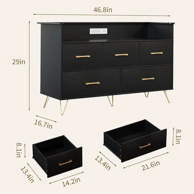 Alt view image 2 of 7 - Patikuin Black Dresser for Bedroom, 47" Wide Chest of Drawers with LED Lights, Charging Station & 5 Smooth-Sliding Drawers, Modern Wood Storage Cabinet for Entryway, Hallway, Living Room
