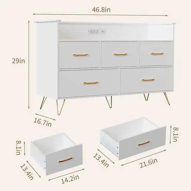 Alt view image 2 of 7 - Patikuin White Dresser for Bedroom, 47" Wide Chest of Drawers with LED Lights, Charging Station & 5 Smooth-Sliding Drawers, Modern Wood Storage Cabinet for Entryway, Hallway, Living Room