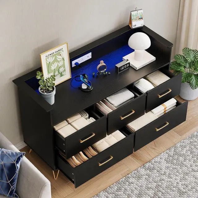 Alt view image 3 of 7 - Patikuin Black Dresser for Bedroom, 47" Wide Chest of Drawers with LED Lights, Charging Station & 5 Smooth-Sliding Drawers, Modern Wood Storage Cabinet for Entryway, Hallway, Living Room