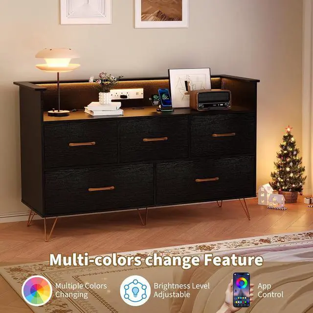 Alt view image 4 of 7 - Patikuin Black Dresser for Bedroom, 47" Wide Chest of Drawers with LED Lights, Charging Station & 5 Smooth-Sliding Drawers, Modern Wood Storage Cabinet for Entryway, Hallway, Living Room