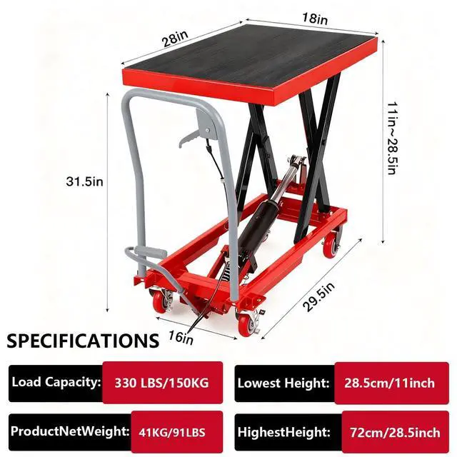 Alt view image 2 of 7 - 330 Lbs Hydraulic Lift Table Cart 28.5"-32" Lift Height, Manual Scissor Lift, Foot Pump, Non-Slip Pad & Locking Swivel Wheels for Warehouse/Garage/Factory