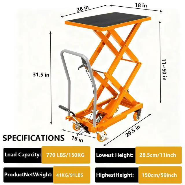 Alt view image 2 of 7 - Patikuin Hydraulic Double Scissor Lift Table Cart 770 lbs Capacity 14-50" Lifting Height Heavy Duty Steel, Non-Slip Pad Stable Manual Pump Rust-Resistant Yellow, Includes Gloves, Ships in