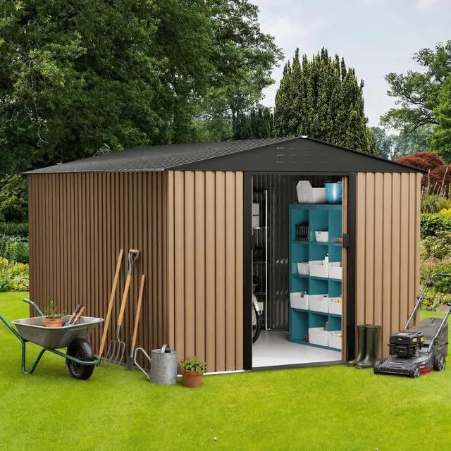 Main image of Patikuin 10x8 FT Heavy-Duty Metal Outdoor Storage Shed, Waterproof Garden Organizer with Lockable Door, Sloped Roof & Air Vents, Brown