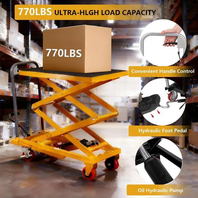 Alt view image 3 of 7 - Patikuin Hydraulic Double Scissor Lift Table Cart 770 lbs Capacity 14-50" Lifting Height Heavy Duty Steel, Non-Slip Pad Stable Manual Pump Rust-Resistant Yellow, Includes Gloves, Ships in
