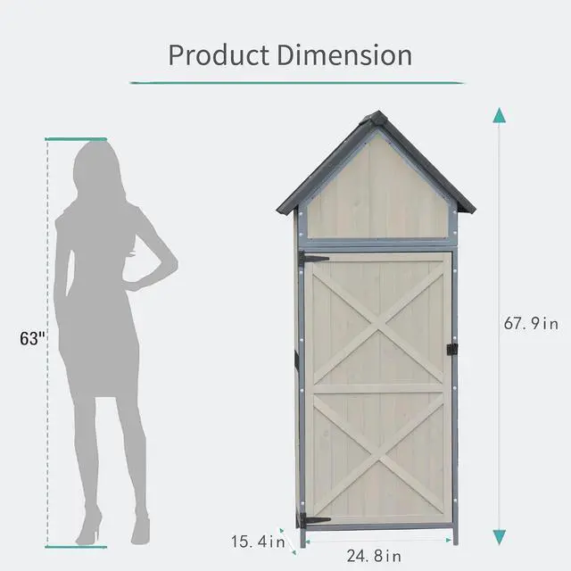 Alt view image 6 of 7 - Patikuin Vertical Wooden Outdoor Storage Cabinet with Sturdy Metal Frame, Weatherproof Tool Shed, Gray Finish, Large Capacity for Garden Tools & Patio Accessories