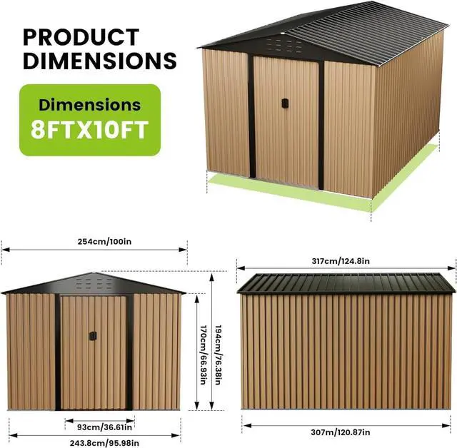Alt view image 5 of 7 - Patikuin 10x8 FT Heavy-Duty Metal Outdoor Storage Shed, Waterproof Garden Organizer with Lockable Door, Sloped Roof & Air Vents, Brown