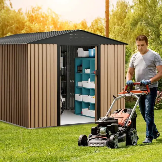 Alt view image 6 of 7 - Patikuin 10x8 FT Heavy-Duty Metal Outdoor Storage Shed, Waterproof Garden Organizer with Lockable Door, Sloped Roof & Air Vents, Brown