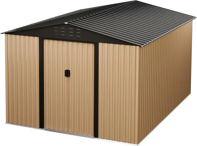 Alt view image 7 of 7 - Patikuin 10x8 FT Heavy-Duty Metal Outdoor Storage Shed, Waterproof Garden Organizer with Lockable Door, Sloped Roof & Air Vents, Brown