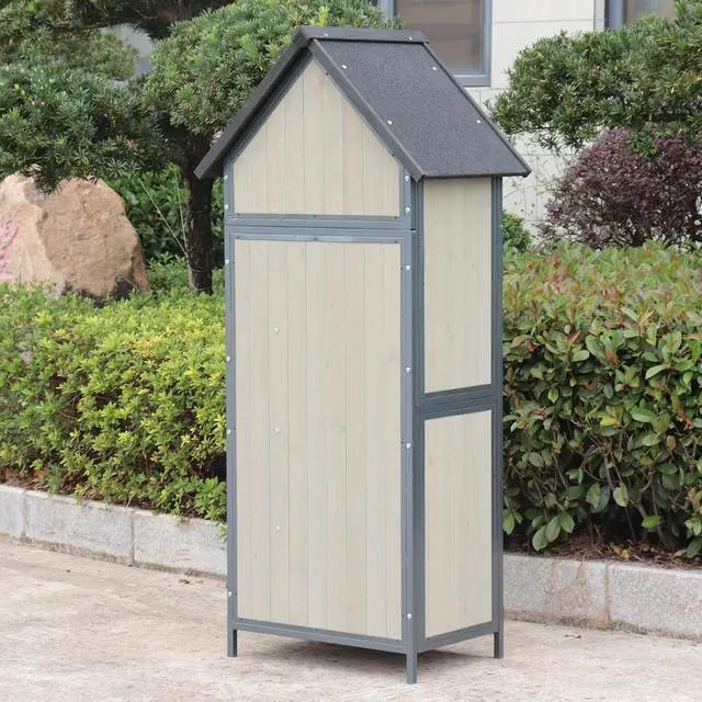 Alt view image 7 of 7 - Patikuin Vertical Wooden Outdoor Storage Cabinet with Sturdy Metal Frame, Weatherproof Tool Shed, Gray Finish, Large Capacity for Garden Tools & Patio Accessories