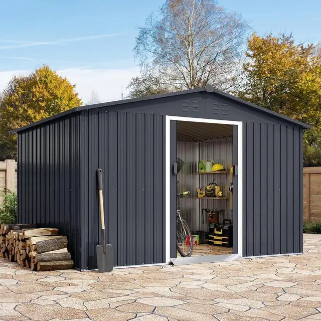 Main image of Patikuin 10x12 FT Galvanized Steel Storage Shed, Large Capacity Outdoor Tool Storage House with Lockable Door & Dual Vents, Dark Grey