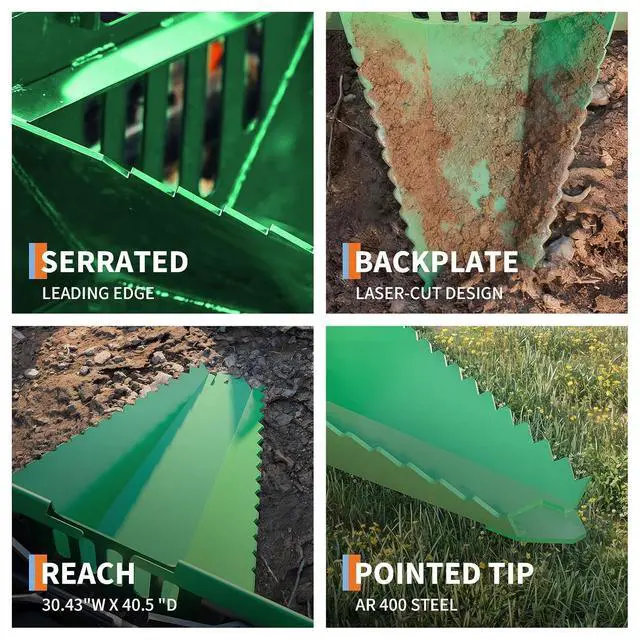 Alt view image 2 of 7 - Patikuin Heavy-Duty Stump Bucket Attachment for Skid Steer, Serrated Edge Tree Scoop, Global Quick Tach, Efficient Small Stump & Root Removal, Green