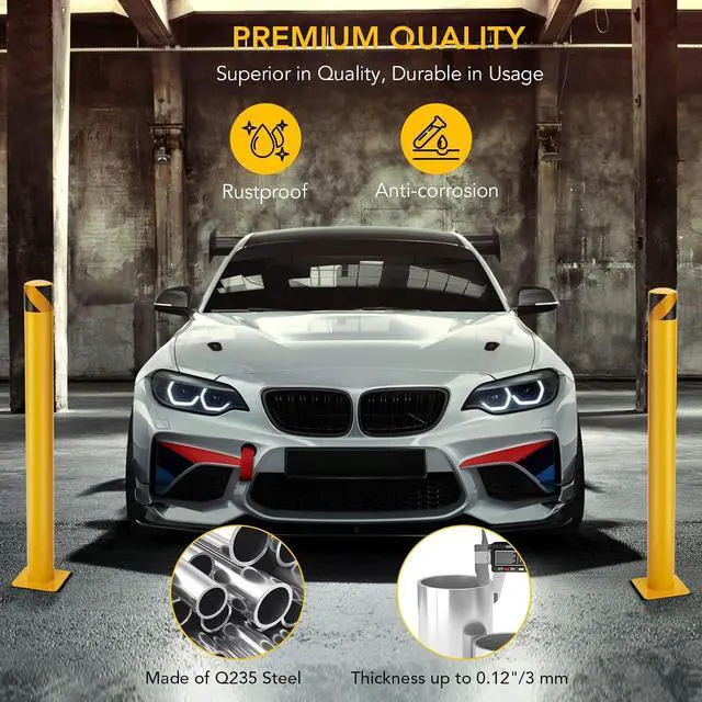 Alt view image 5 of 7 - Patikuin Heavy Duty Yellow Steel Safety Bollard Posts 42" Height x 4.5" Diameter Set of 4 with 16 Anchor Bolts Industrial Stream Control, Driveway, Parking Security Guardrail 4 Pack, Size: 42